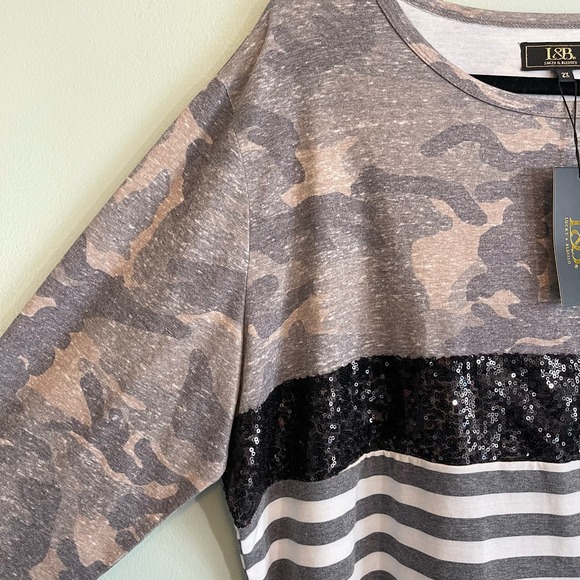 L&B Tunic 2X Plus Camou Sequins Stripe Colorblock Pullover Elbow Sleeve Gray NWT - Picture 6 of 6